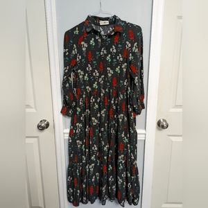 NATURAL LIFE Florence Rayon Midi Dress Charcoal with Floral Pattern, Two Pockets